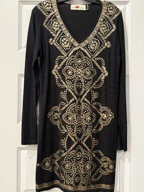 BLACK EMBELLISHED LIGHT WEIGHT SWEATER DRESS - SIZE M